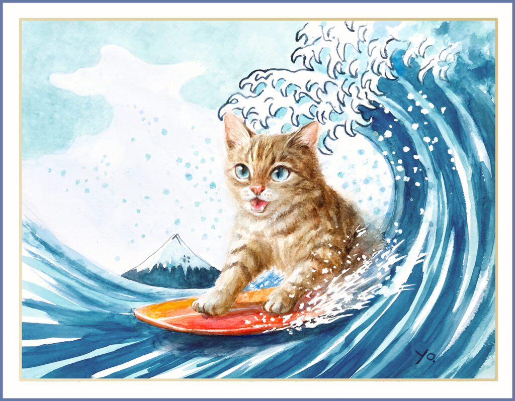 二階堂美子　水彩画  猫　海　波乗り猫