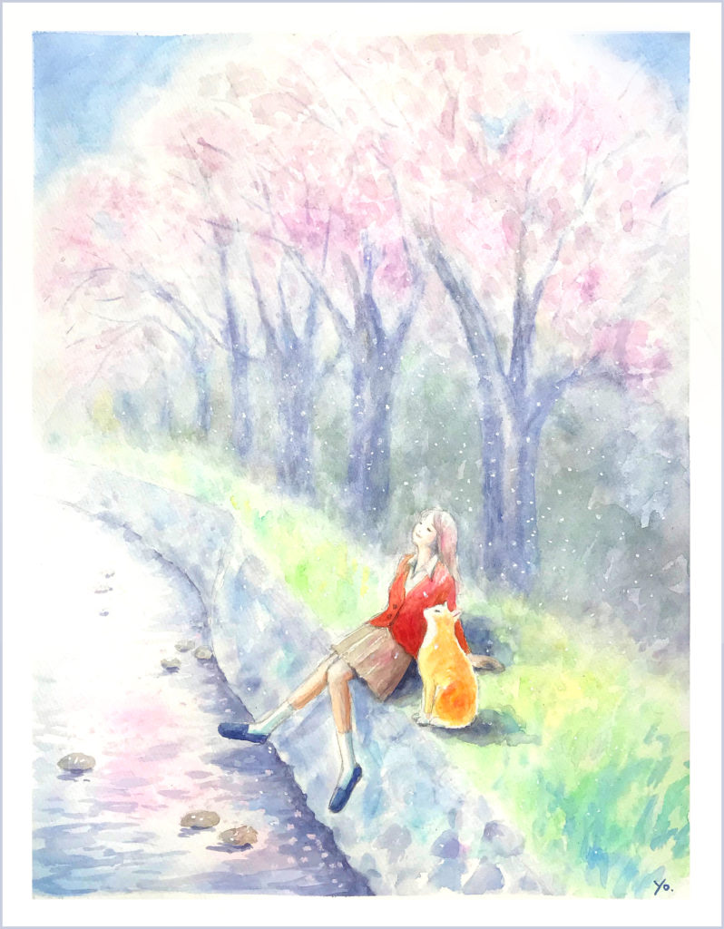 桜と猫　水彩画　二階堂美子