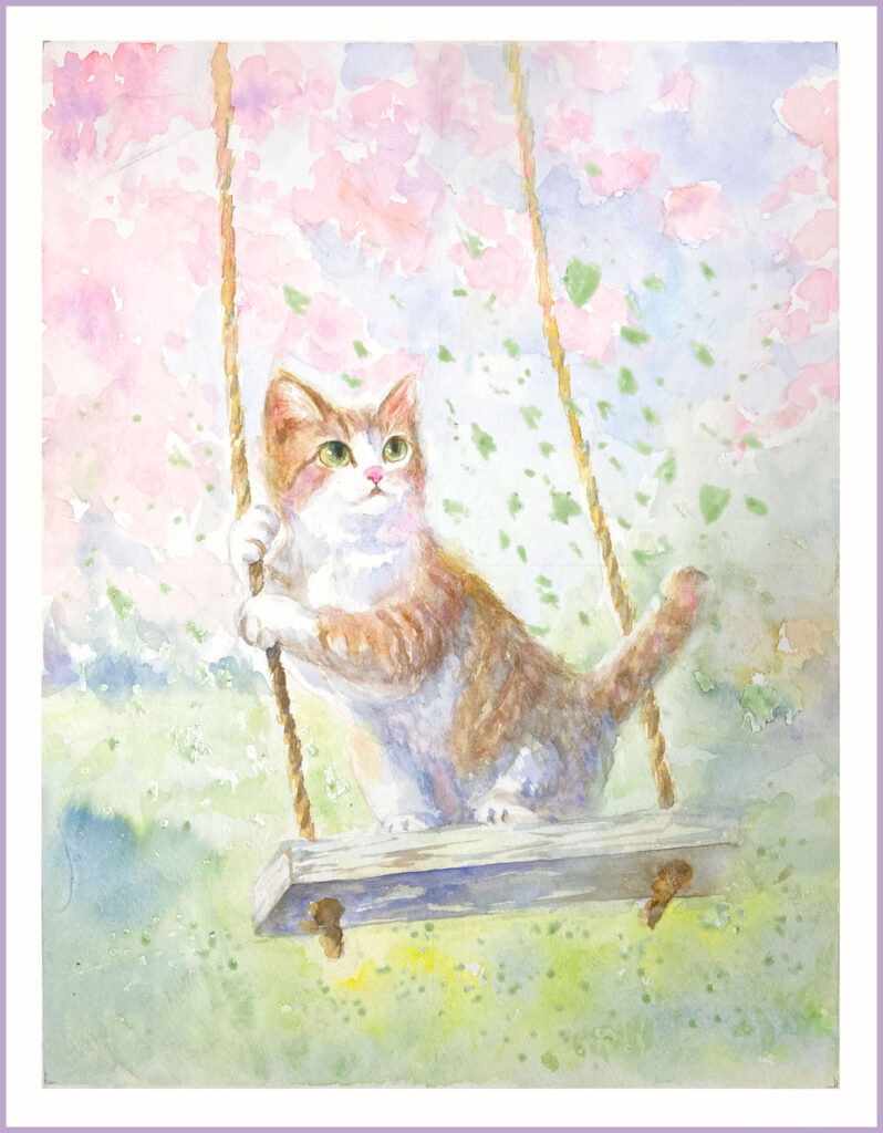 二階堂美子　水彩画 猫　春　桜　花吹雪　ブランコ