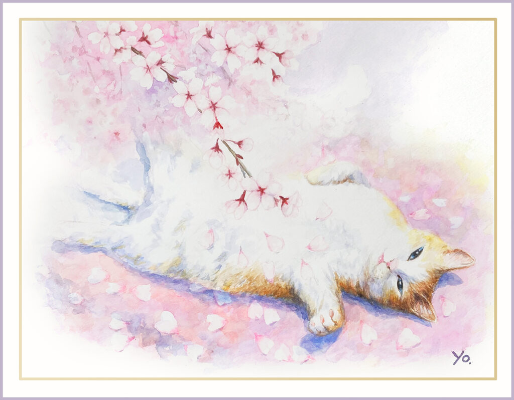 二階堂美子　猫　水彩画　春　桜