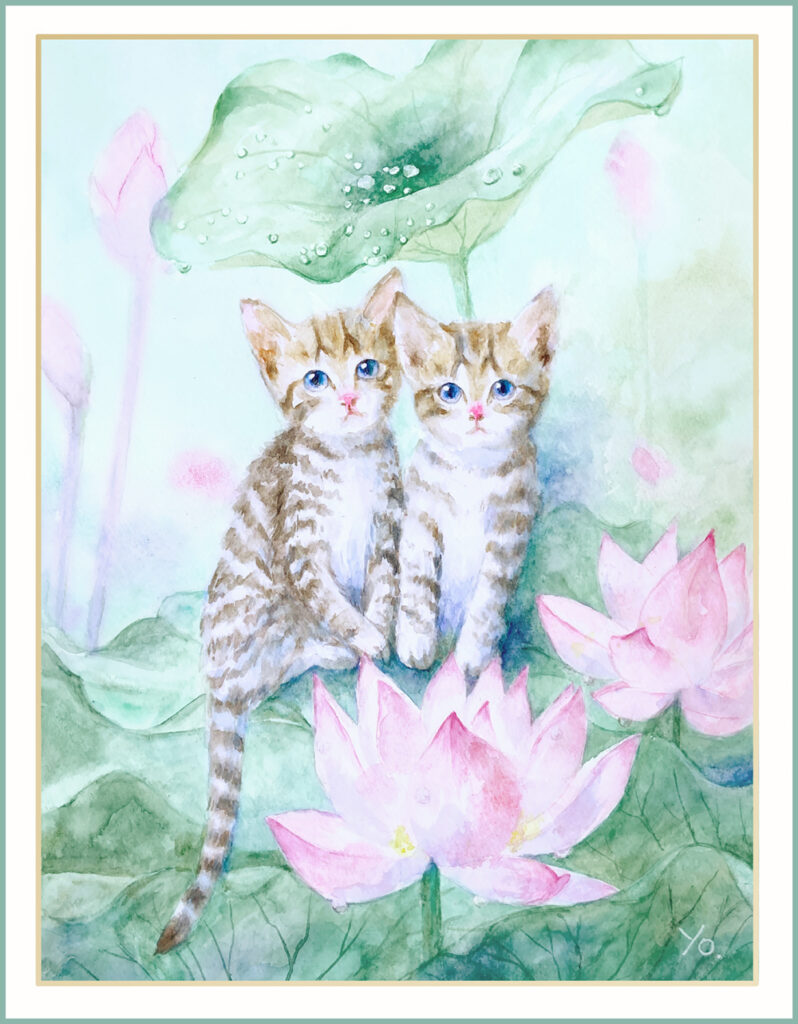 二階堂美子　水彩画  猫　蓮池　子猫