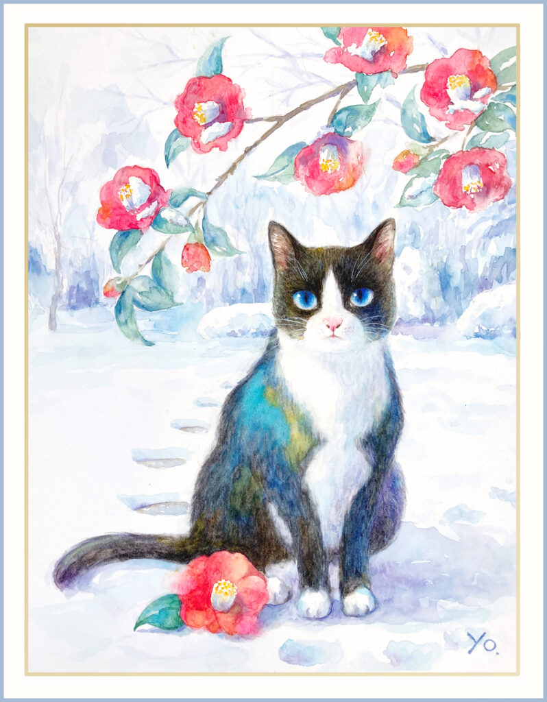 二階堂美子　水彩画 日本猫　椿　雪