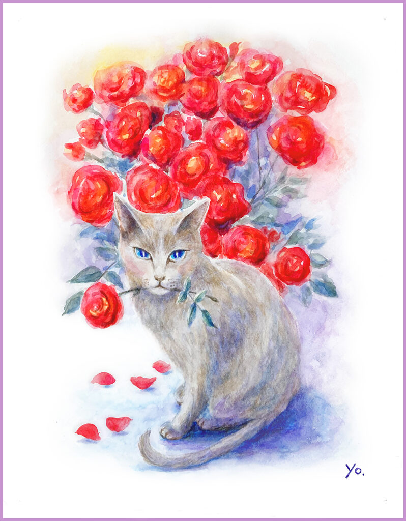 二階堂美子　水彩画  猫　薔薇