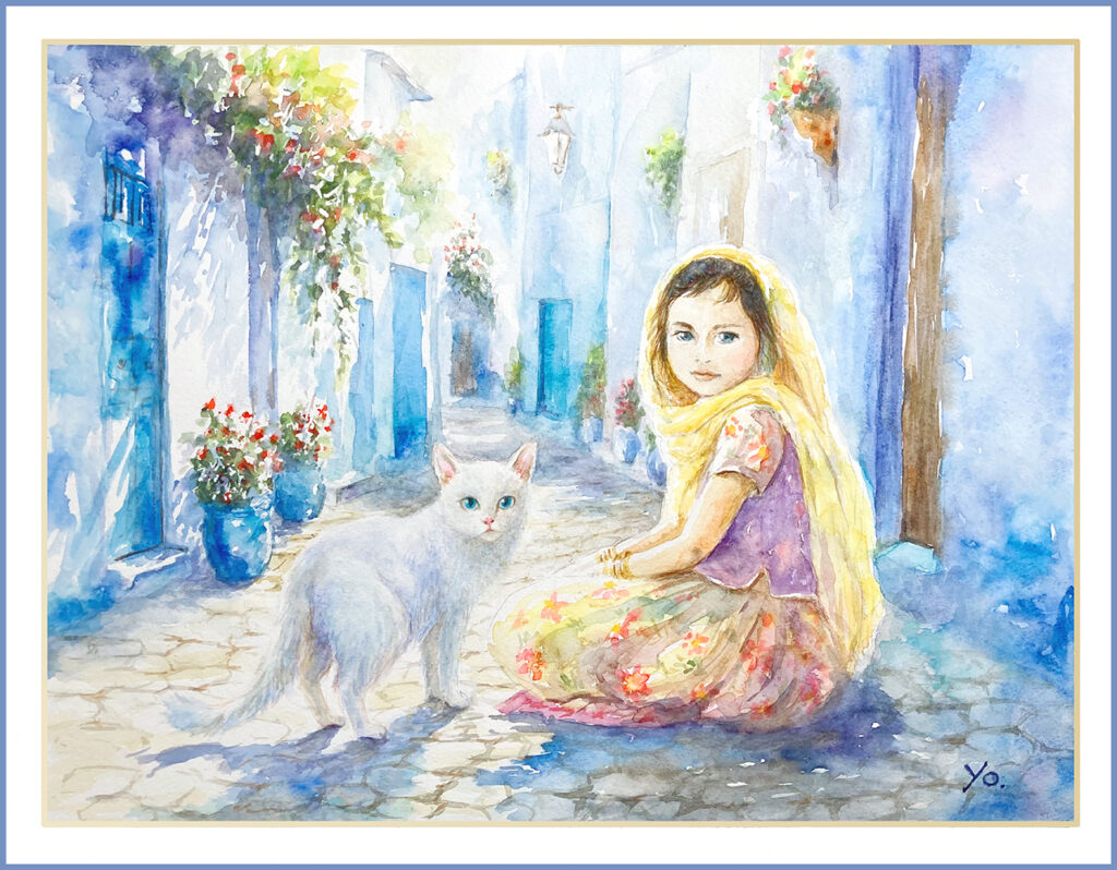 二階堂美子　水彩画 猫　女の子 青の街　ロマの少女