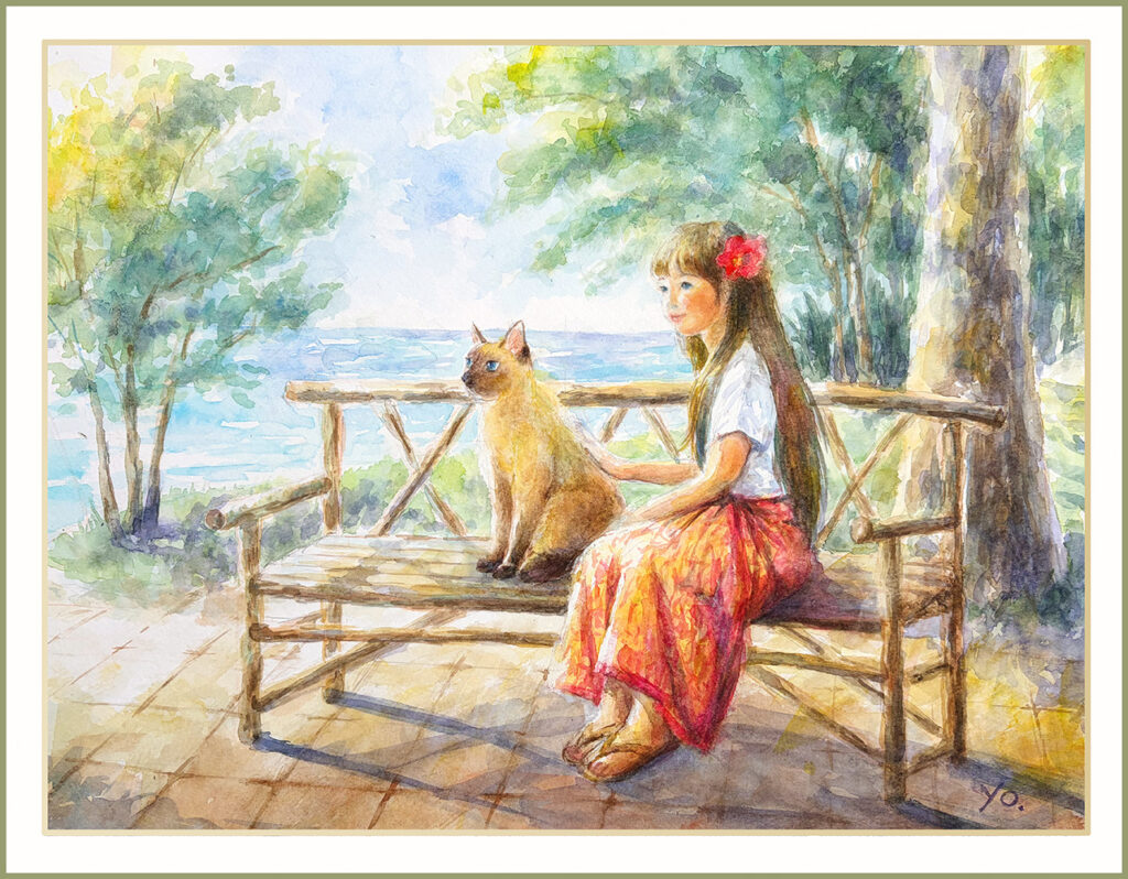 二階堂美子　水彩画 猫　女の子　バリ島　海