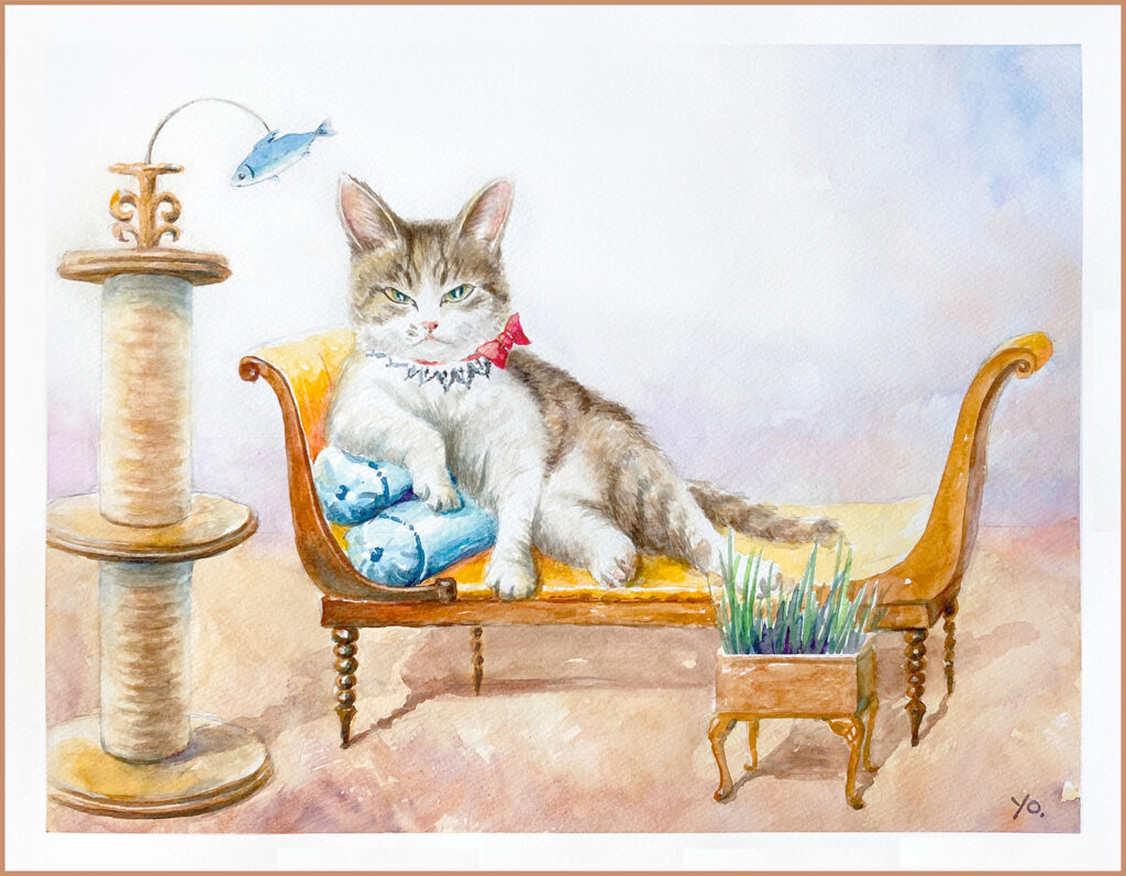 美子　水彩画　猫　レカミエ夫人