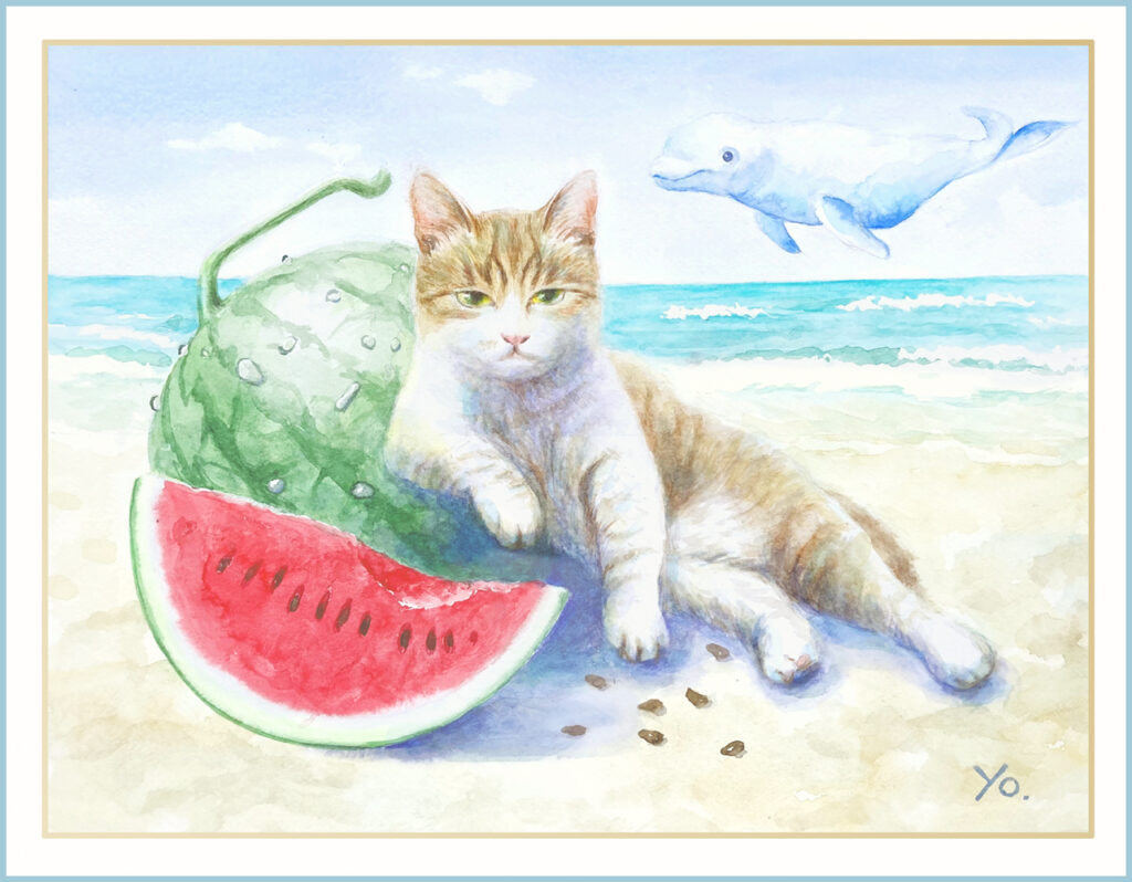 二階堂美子　水彩画  猫　海　スイカ　イルカ