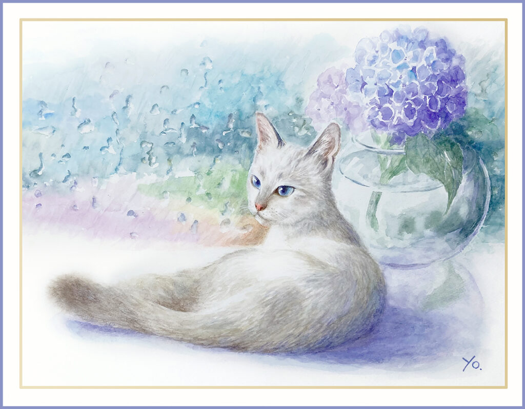 二階堂美子　猫　水彩画　紫陽花　雨